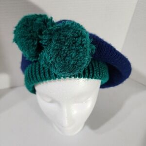 Vintage Notice Knit Beret Hat Navy Blue Green Double Pom Pom WPL 8931 Womens